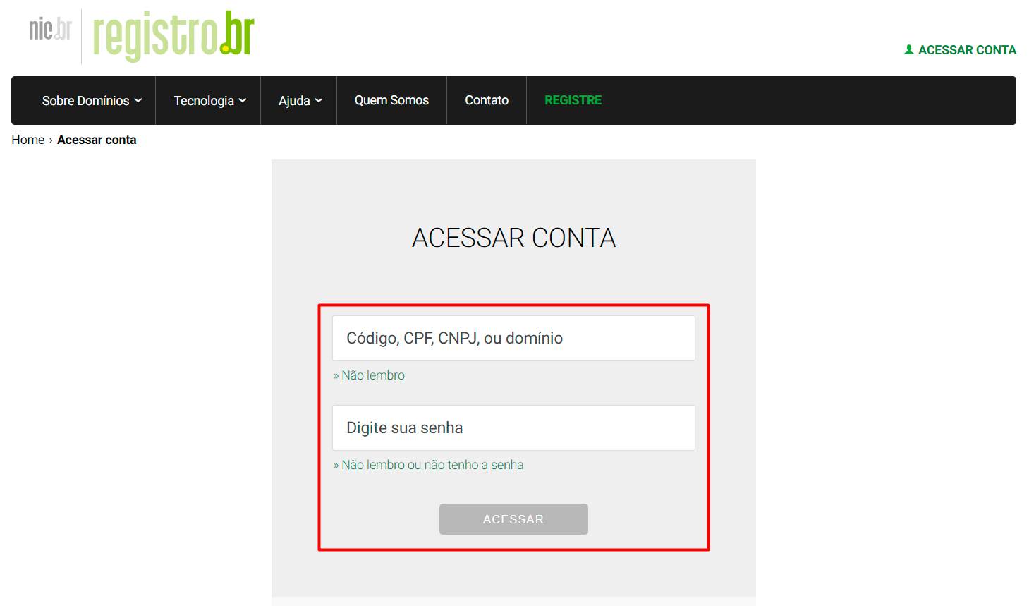 Página para fazer login no Registro.br