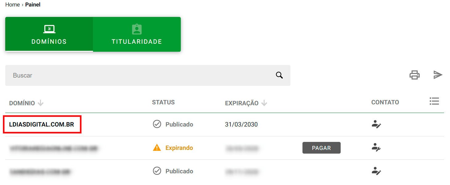 Página dos seus domínios no Registro.br