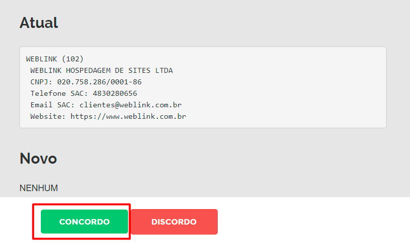 Concordar com termos de alteração de provedor do Registro.br